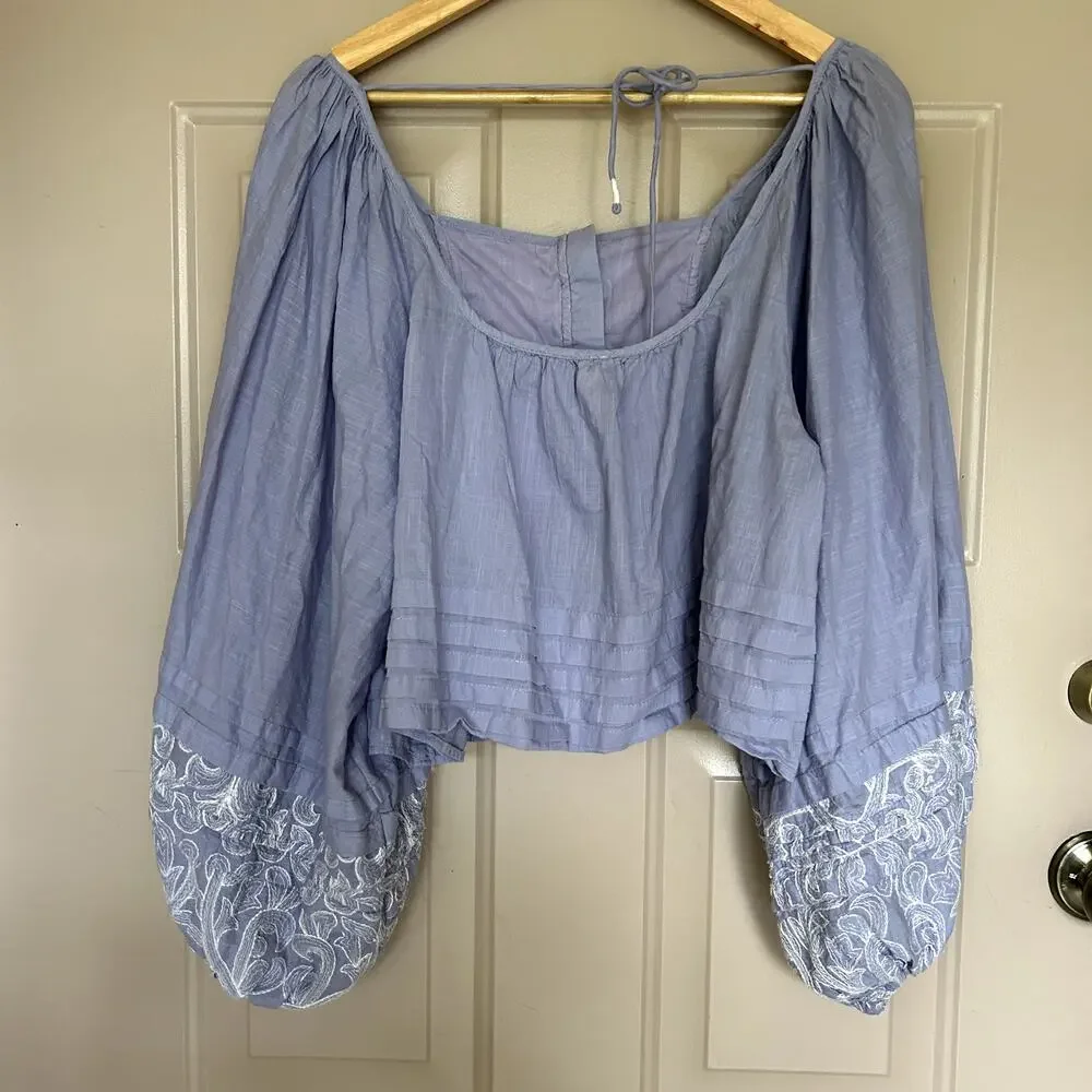 By anthropologie Lace Lavender Babydoll Puff Sleeves Tie Back Boho Blouse L